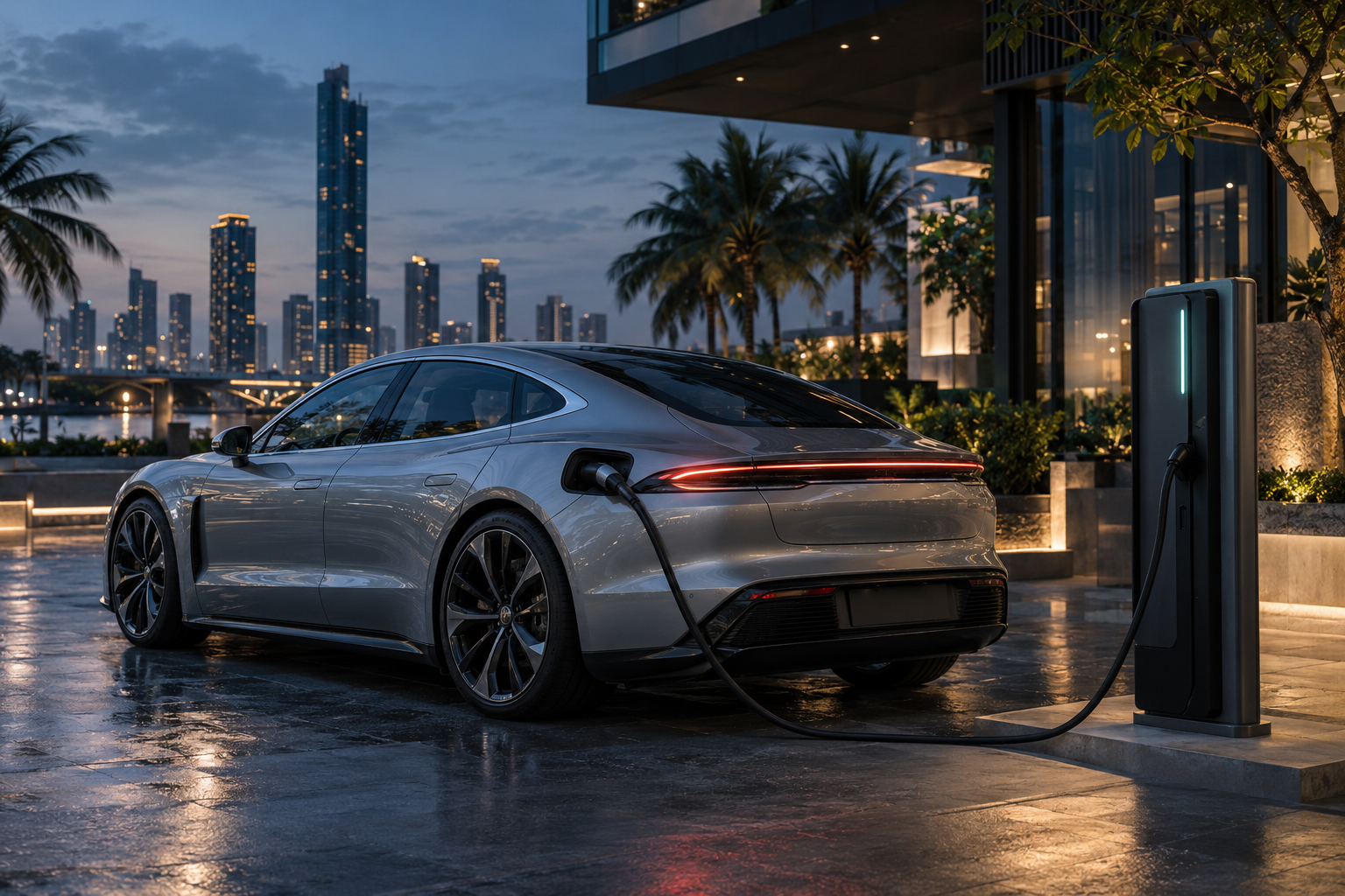 An electric car connected to a charger beside the Bangkok skyline at dusk
